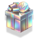 gift box with a shiny
                            ribbon and bow, made from a reflective, polished
                            metallic surface with iridescent colors